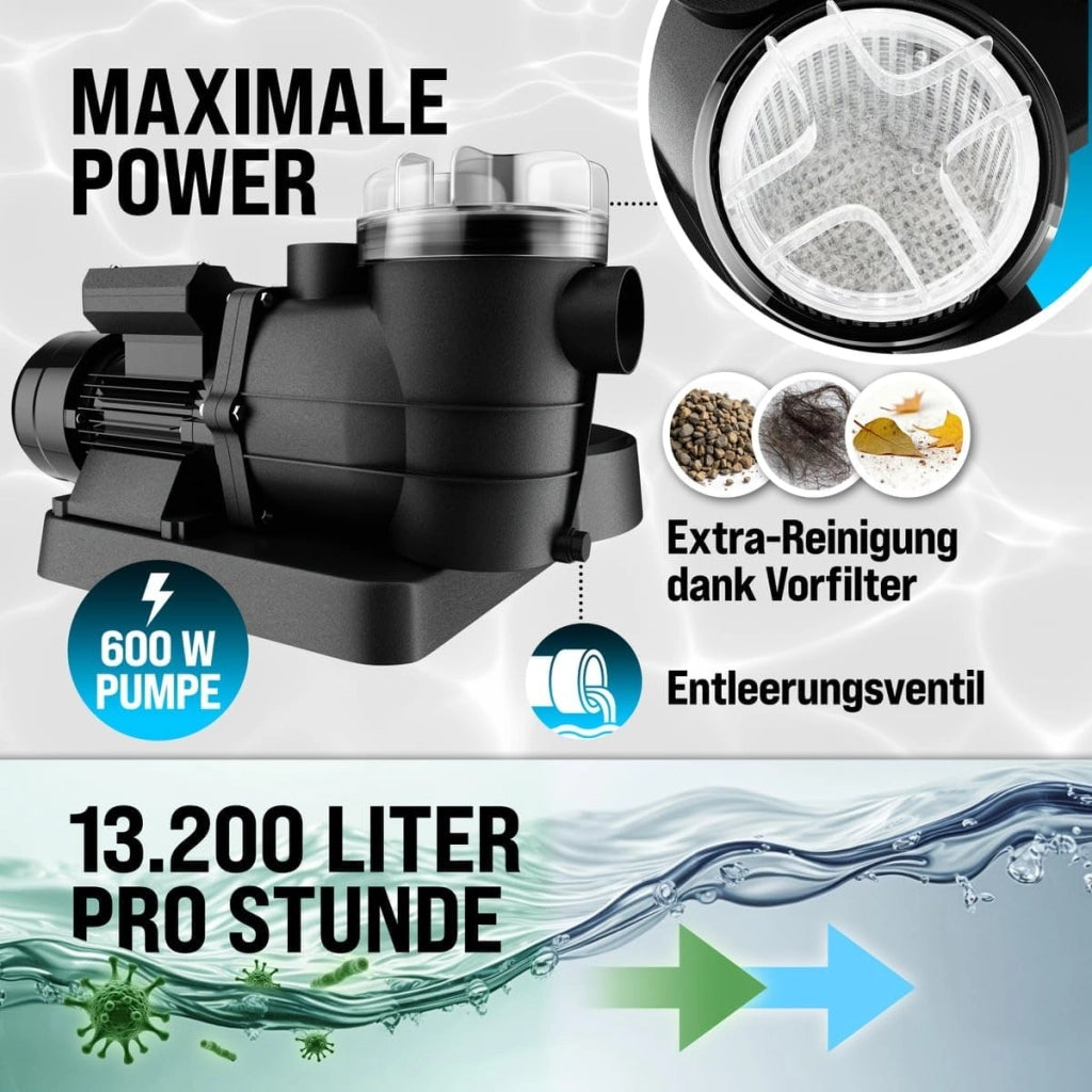 ® Filtro Acqua per Piscina SF110K 13.200 L/h Fino a 58.000L Vetro Filtrante Incl. Valvola a 7 Vie Adattatore 2in1 Ø32-38mm Pompa di Filtraggio 600W Filtri Piscine Fuori Terra Pompe Filtranti