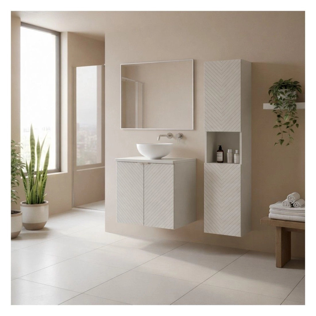 Insieme AOKI: mobile sottolavabo con armadietti 60cm + piano lavabo beige + lavabo rotondo bianco da appoggio + colonna