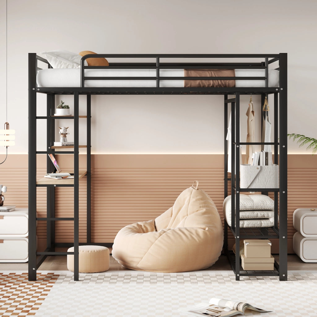 OKWISH Letto a soppalco 140×200 cm, Letto Matrimoniale con Scrivania, Mensole e Appendiabiti, senza Materasso, in Metallo, Nero