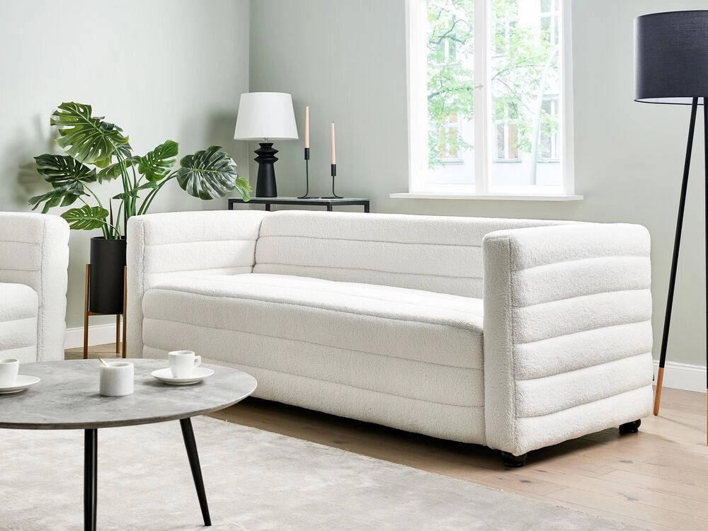 Divano a 3 posti rivestito in tessuto poliestere bouclè bianco sporco design moderno