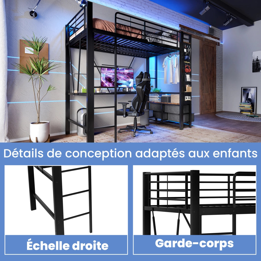 OKWISH Letto a Soppalco 90×200 cm, Letto Singolo con Scrivania, Barra Appendiabiti, Mensole, 4 Cassetti e LED, senza Materasso, Nero