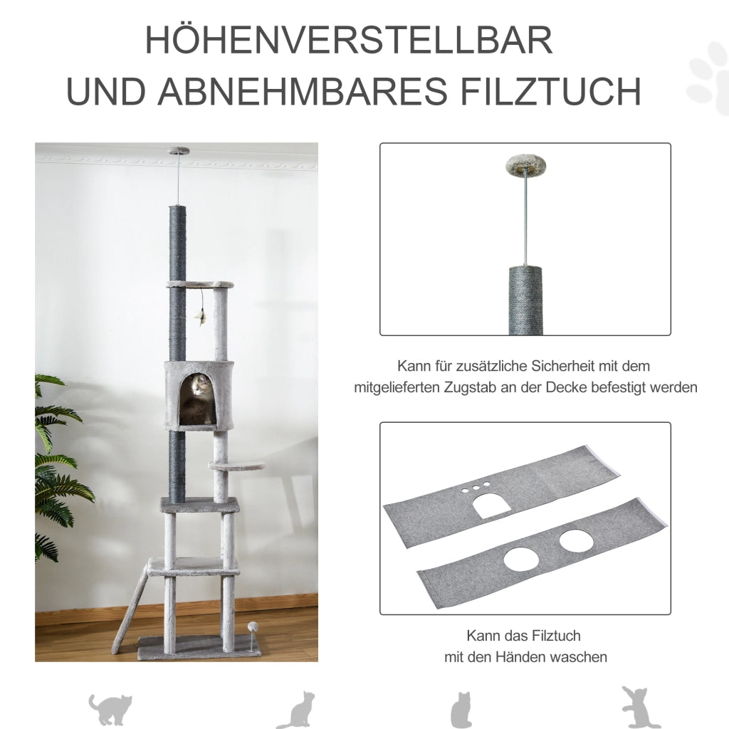 Torre tiragraffi per gatti con 6 livelli e 3 ripiani ¨C zephmum ¨C 225-255 cm regolabile in altezza grigio chiaro