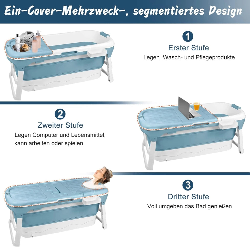 Vasca da bagno pieghevole per adulti, 128 x 60 x 53 cm, con copertura e cestino, mobile pieghevole, autoportante per bagno, doccia e balcone, blu