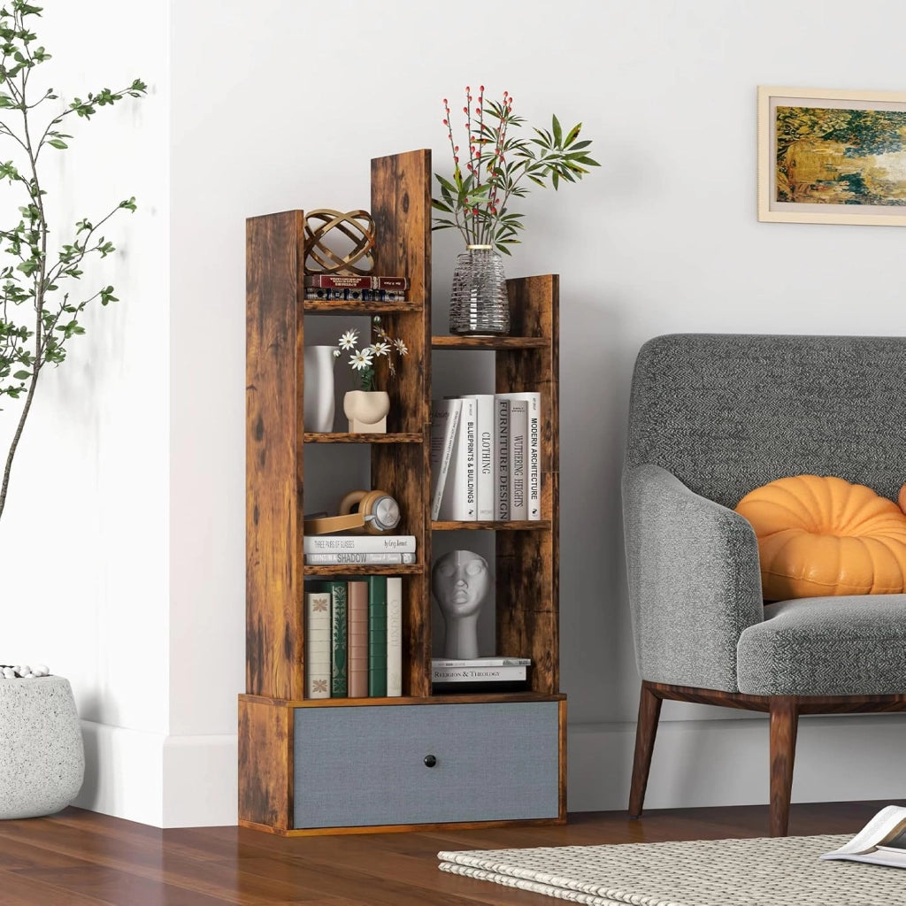 Libreria in Legno a 7 Piani, Scaffale Multifunzionale con 1 Cassetto e 7 Scomparti, Scaffale Espositivo per Soggiorno Studio Ufficio, 53x24x118 cm (Marrone, 1 cassetto)
