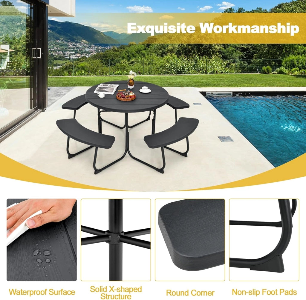 Set da Giardino e Picnic per 8 Persone, Tavolo Rotondo con 4 Panche Integrate, Tavolo da Birra in HDPE Impermeabile con Foro per Ombrellone, Arredamento da Esterno per Giardino e Terrazzo