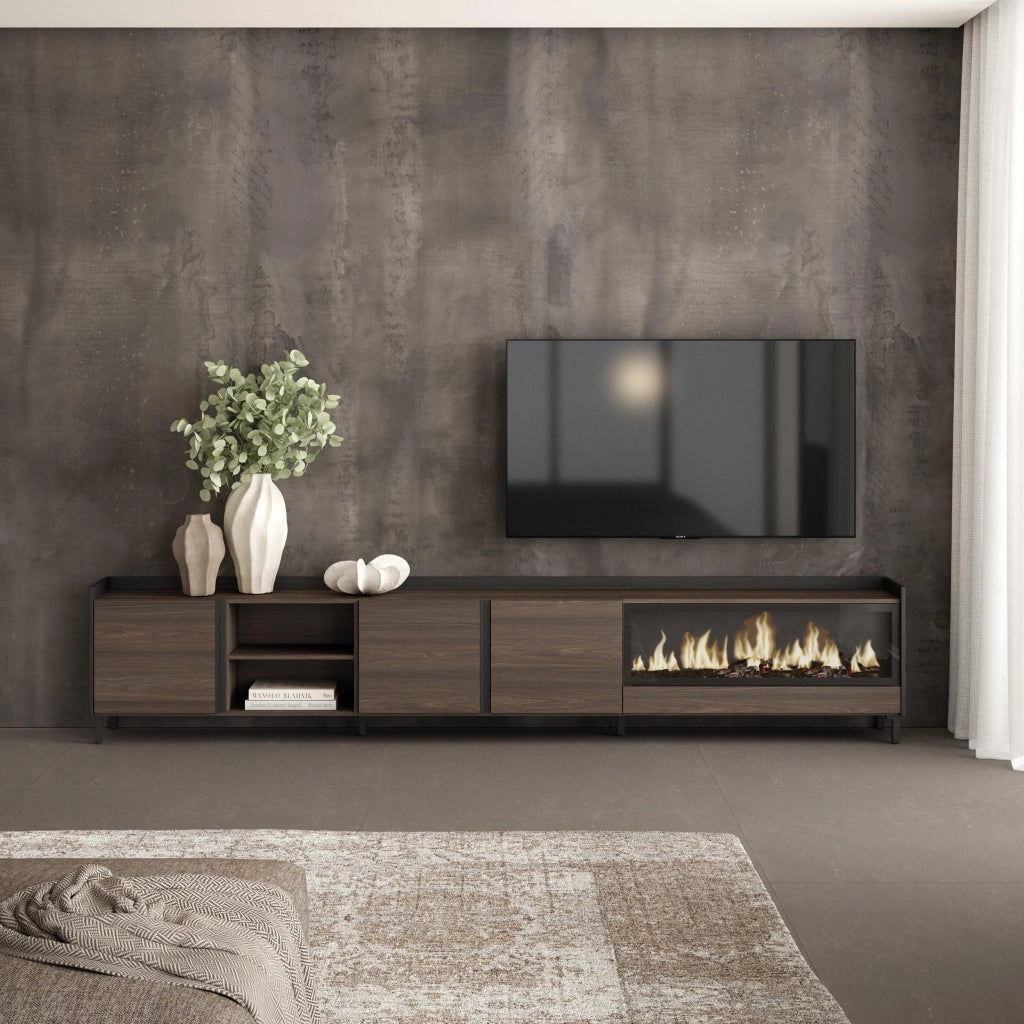 Mobile TV Soggiorno, 315x61x35 cm, Per TV fino a 80", Camino elettrico XXL, Design industriale, Rovere scuro e Nero