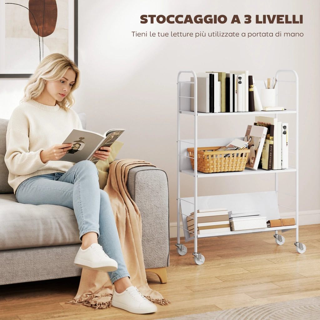 Carrello Portalibri Moderno a 3 Livelli 69x26x108 cm con Ruote Girevoli in Metallo e PP Bianco