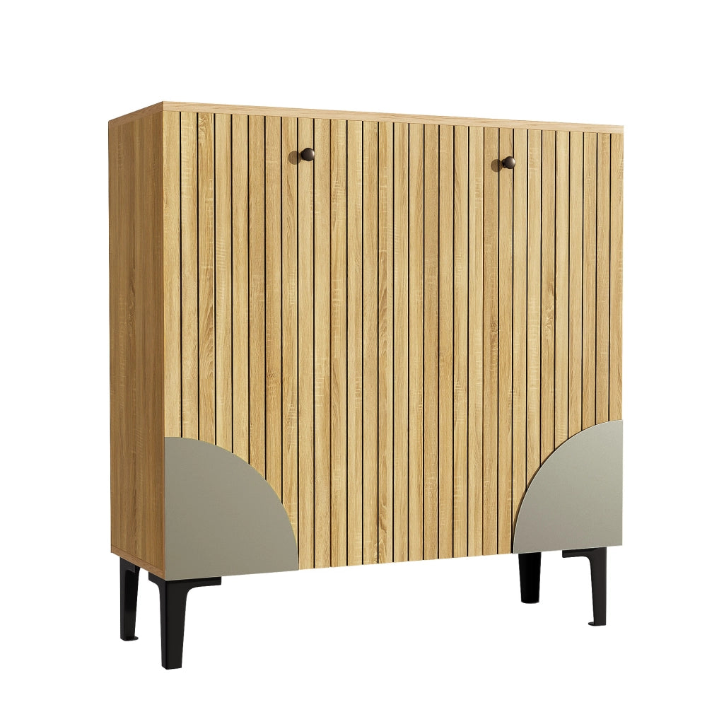 Scarpiera con tre ante e ripiani in pannello truciolare effetto legno chiaro per ingresso 90 × 32 × 94 cm
