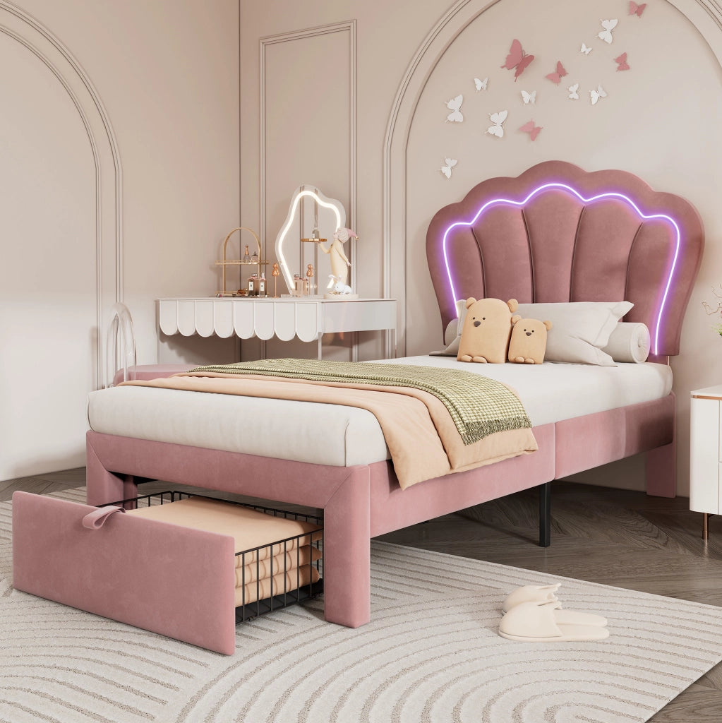 Letto singolo 90x190 cm in velluto rosa con testiera regolabile; LED RGB e cassetto