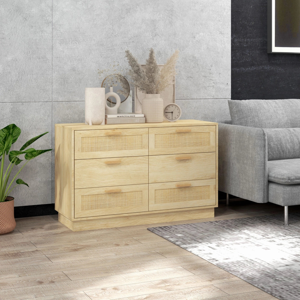 Cassettiera 6 Cassetti Stile Boho ¨C Xylo ¨C Legno Rovere e Rattan, 110x40x69 cm