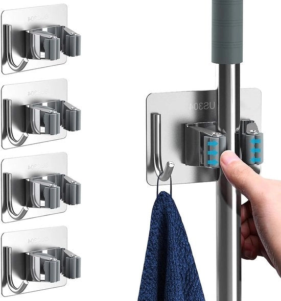 Set di 4 supporti per strumenti da giardino da appendere al muro - Racks per strumenti da giardino con ganci - Grigio - Ideale per scopa, paletta e rastrello