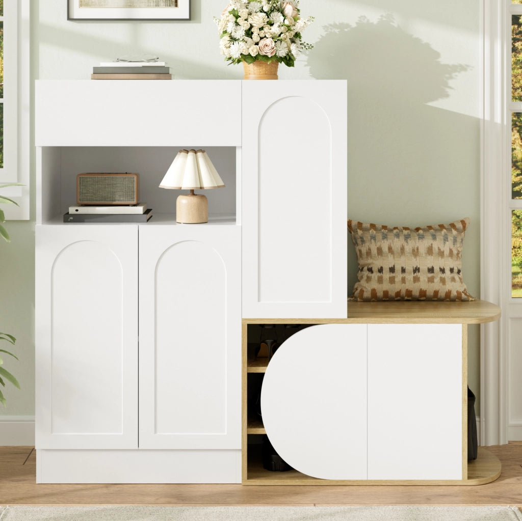 Mobile portascarpe con panca, 5 ante e cassetto, bianco