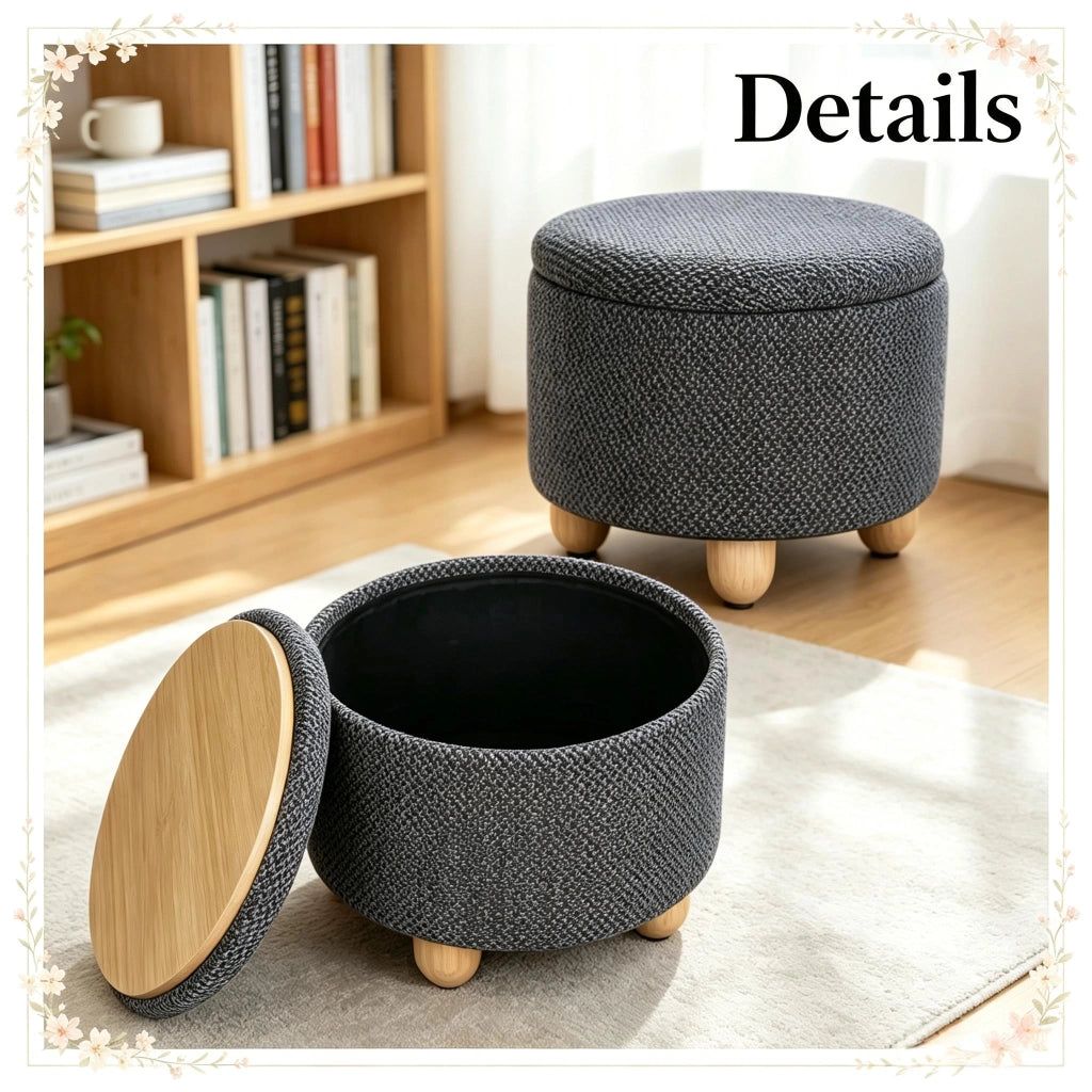 Poggiapiedi contenitore rotondo con seduta imbottita e vassoio in legno in lino spesso grigio scuro 39 × 39 × 33 cm