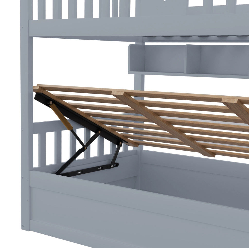 Letto a castello 90x200 cm in legno grigio con letto inferiore idraulico; ripiani e scala contenitore