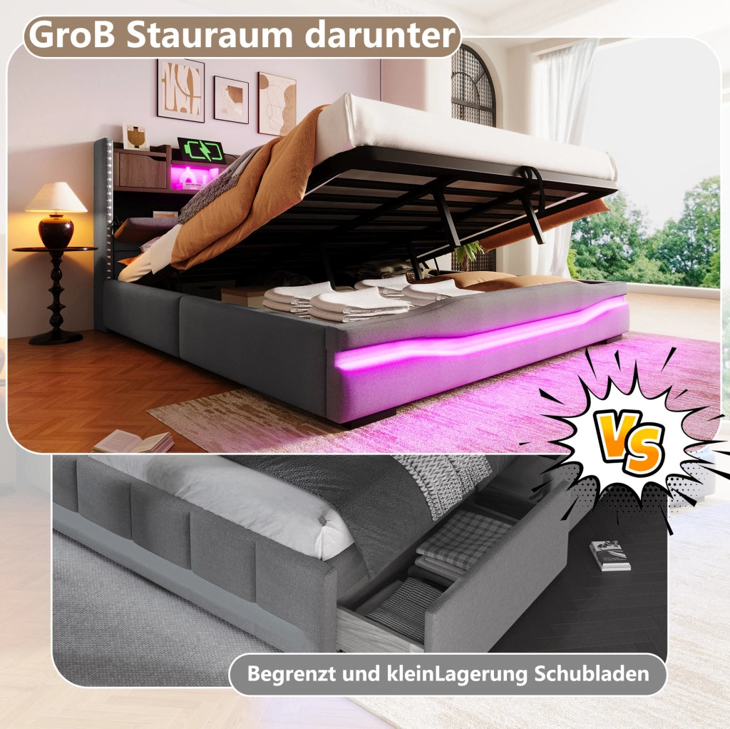 Letto imbottito 180x200 cm con LED, USB-C e vano contenitore