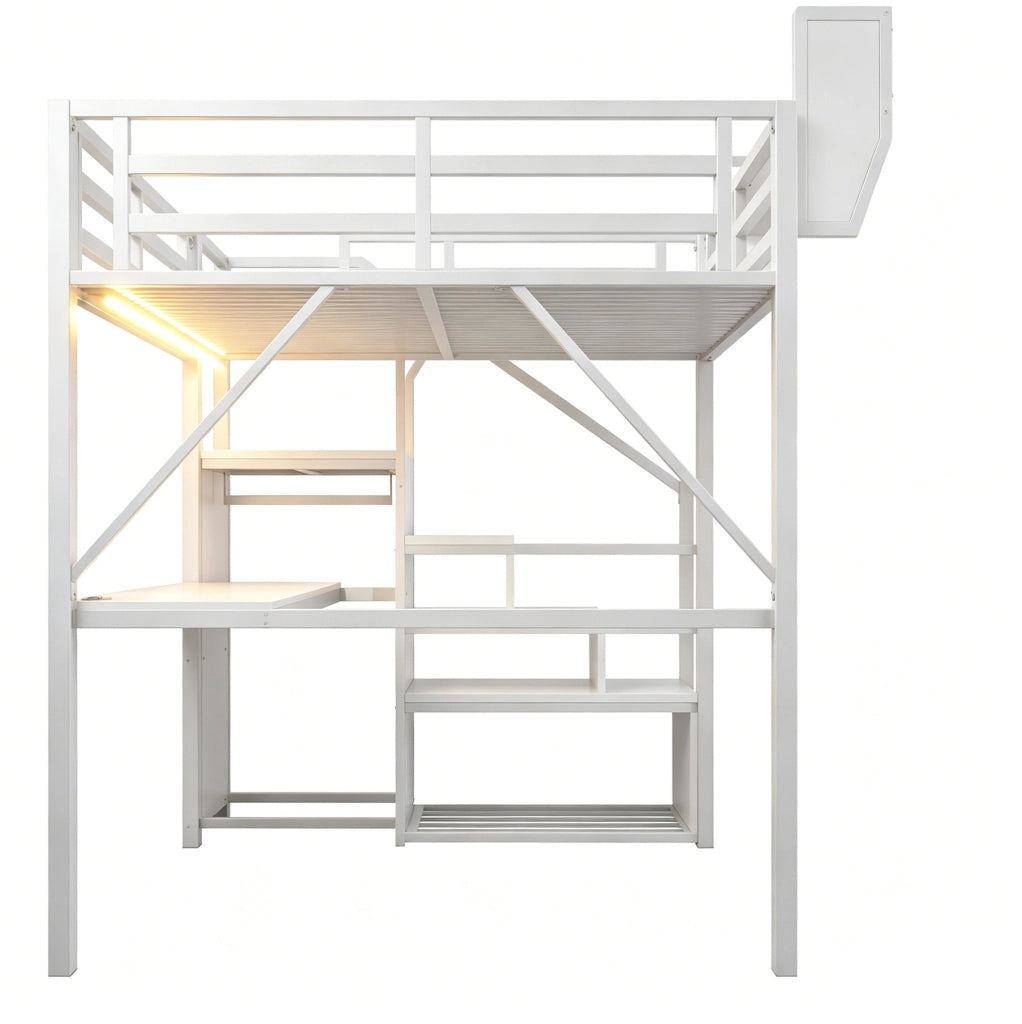 Letto a soppalco bianco 140 x 200 cm in metallo con scrivania e LED