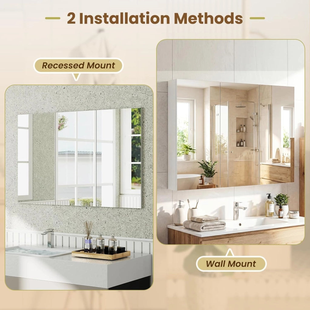 Armadio con specchio da bagno, pensile con 3 ante a specchio, a 6 scomparti, 87 x 65 x 12,5 cm, bianco