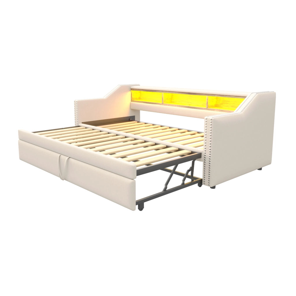 Divano letto estraibile 90/180x190 cm con LED, USB e 2 materassi beige