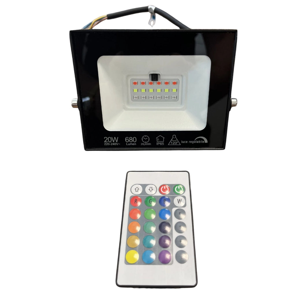 Faro Led Flood Slim RGB Con Telecomando 20W 680 Lumen RGB AC 220V 50Hz Nero IP65