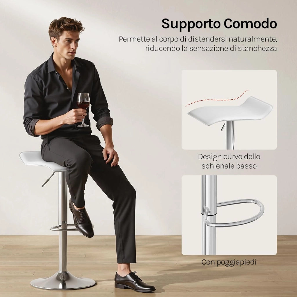 Sgabello da Cucina, Sgabello da Bar Colazione Regolabile in Altezza Girevole a 360°, per Bar, Cucina, Banco, Caffè, PVC+Metallo, con Poggiapiedi, Bianco+Argento