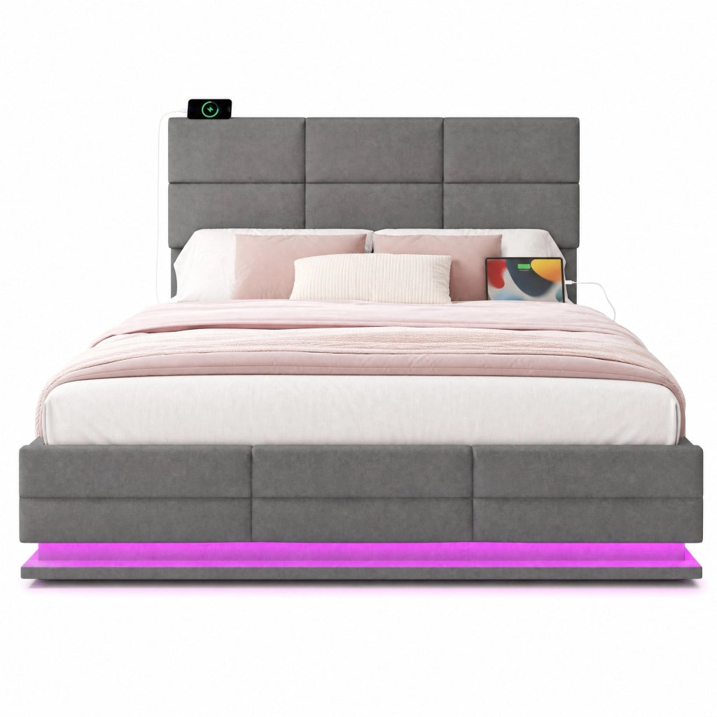 Letto 140x200 in velluto grigio con LED, USB e vano contenitore