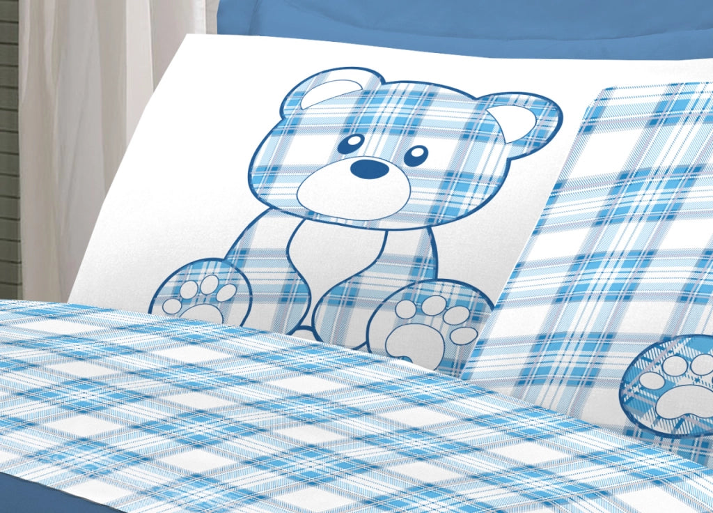 Completo Lenzuola Linea Pensieri Delicati 100% Cotone Orsetto Tartan Primavera - Singolo - Azzurro