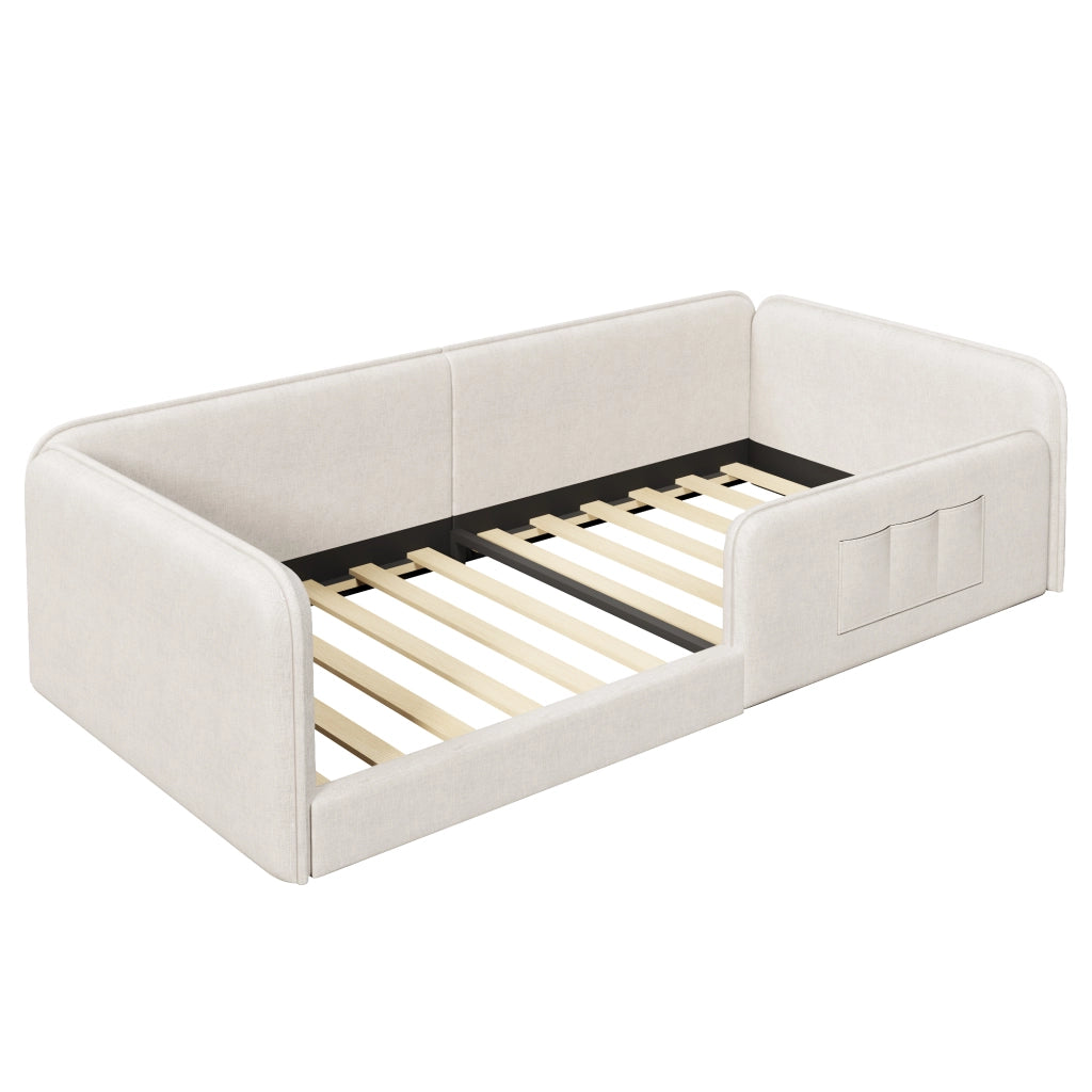 Letto singolo 90x200 cm in lino beige con imbottitura in schiuma e tasche laterali