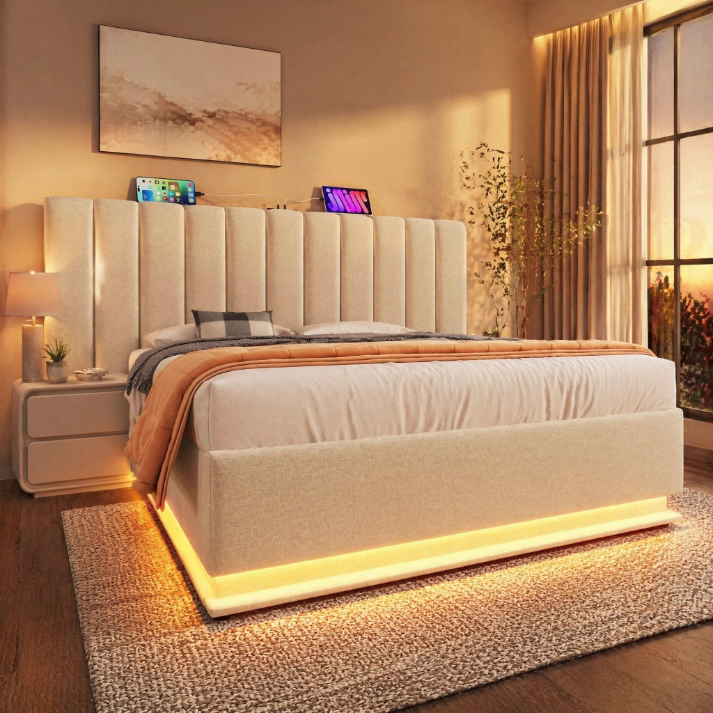 LETTO contenitore 180x200 cm beige in lino con LED e USB