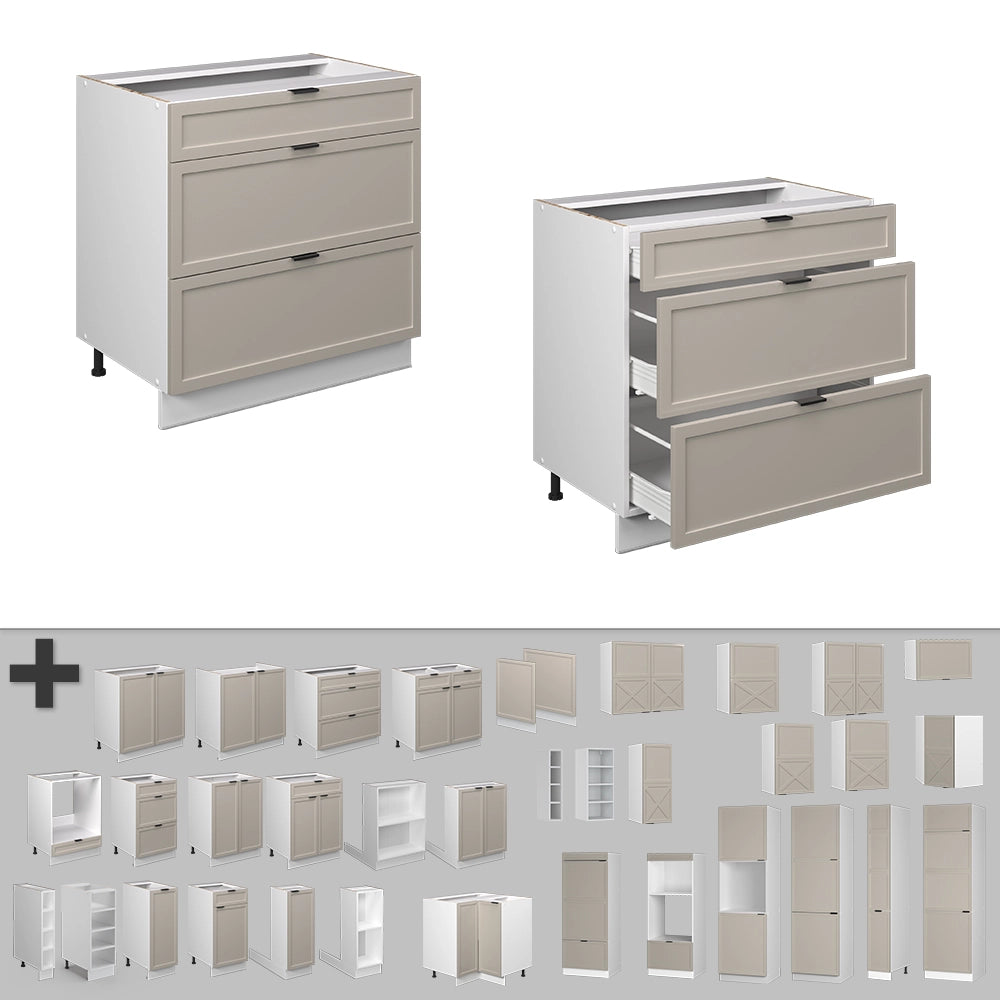 Vicco Mobiletto base per cucina GrigioBeige 80 cm con 3 cassetti, senza piano di lavoro