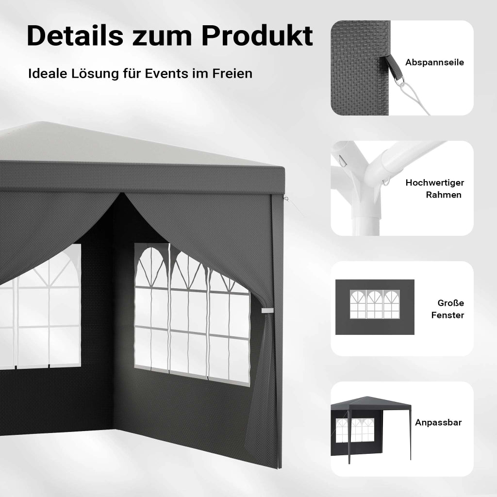 Toboli Gazebo 3 x 3 m in grigio con protezione UV 50+, tendone da giardino con lati rimovibili, tenda da festa con finestre, ad esempio per terrazze e festival