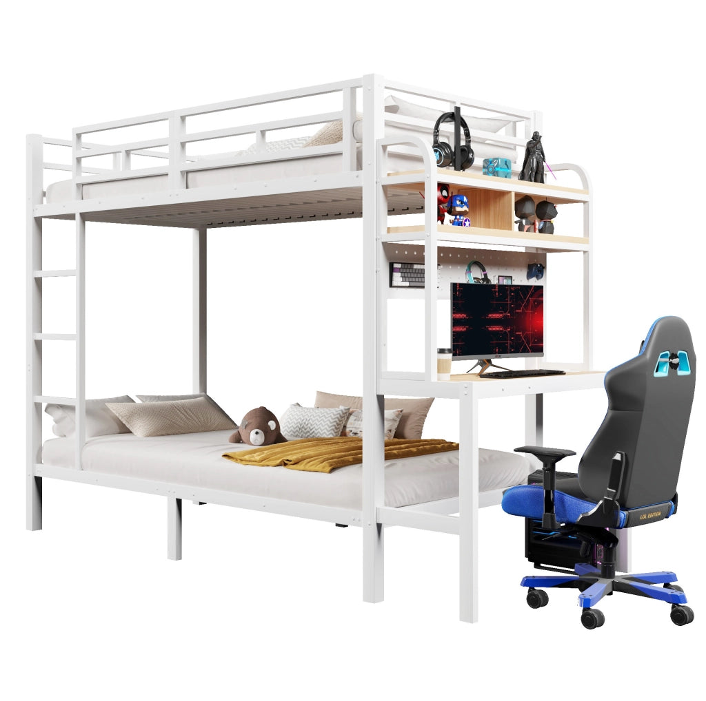 Letto a castello 90x200 cm con scrivania, mensole, LED e USB bianco