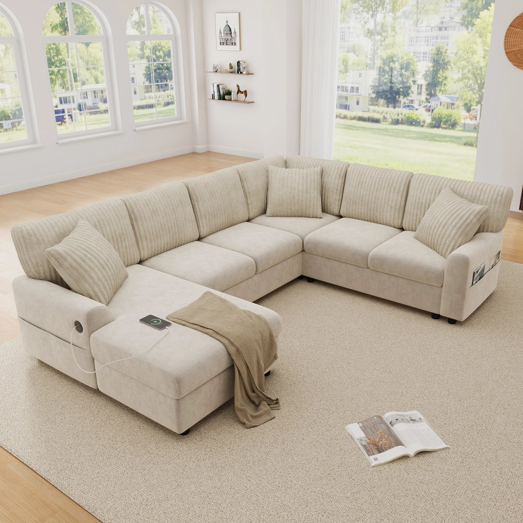 Divano panoramico a U moderno con chaise longue, 3 cuscini, porte USB e Type-C, in ciniglia e corduroy beige