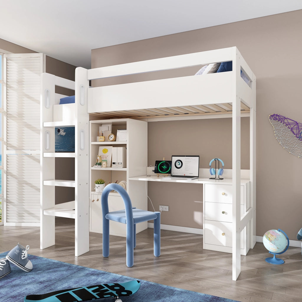 LETTO A CASTELLO 90x200 cm con scrivania USB/Type-C, armadi e scala, bianco