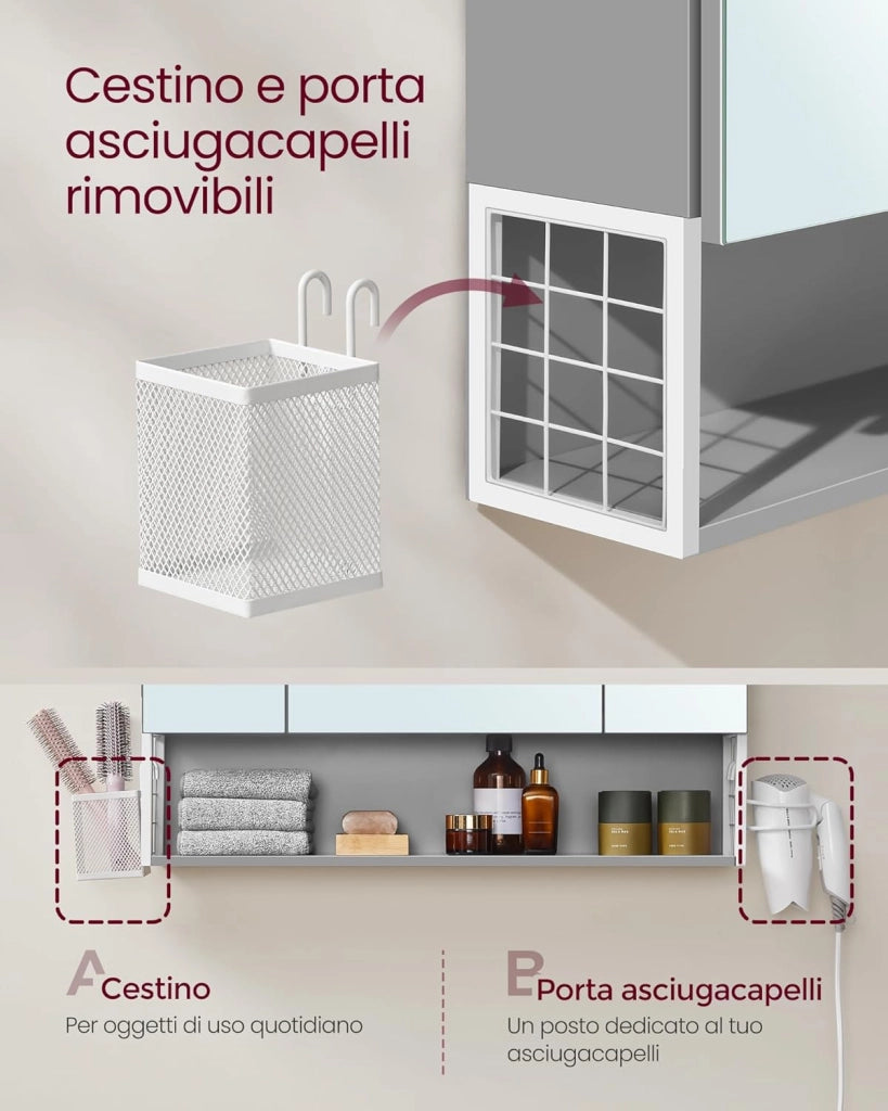 VASAGLE Mobile da Bagno con Illuminazione a LED, 16,5 x 70 x 75 cm, Multipresa Cestino Appeso Supporto per Asciugacapelli per Bagno Lavabo, Bianco Nuvola e Grigio Tortora BBK126G01