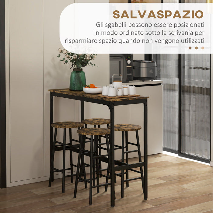 Set Tavolo Alto Rettangolare con Sgabelli in MDF e Acciaio Nero e Marrone