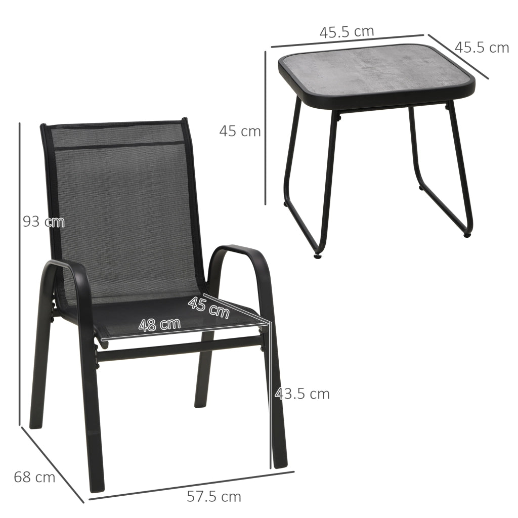 Easycomfort Set da Giardino 3 Pezzi con Tavolino e 2 Sedie Impilabili, in Acciaio e Tessuto Traforato, Nero