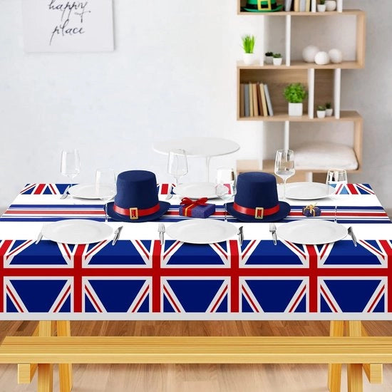 Tavolo impermeabile 130 x 220 cm rettangolare - resistente alle macchie - per compleanni e cene - decorazioni - plastica - bandiere del Regno Unito - 2 pezzi