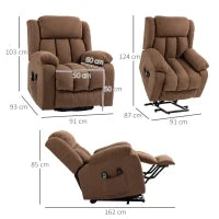 Poltrona Elettrica Alzapersona Massaggiante Reclinabile con Telecomando, in Tessuto, 91x93x103cm, Marrone