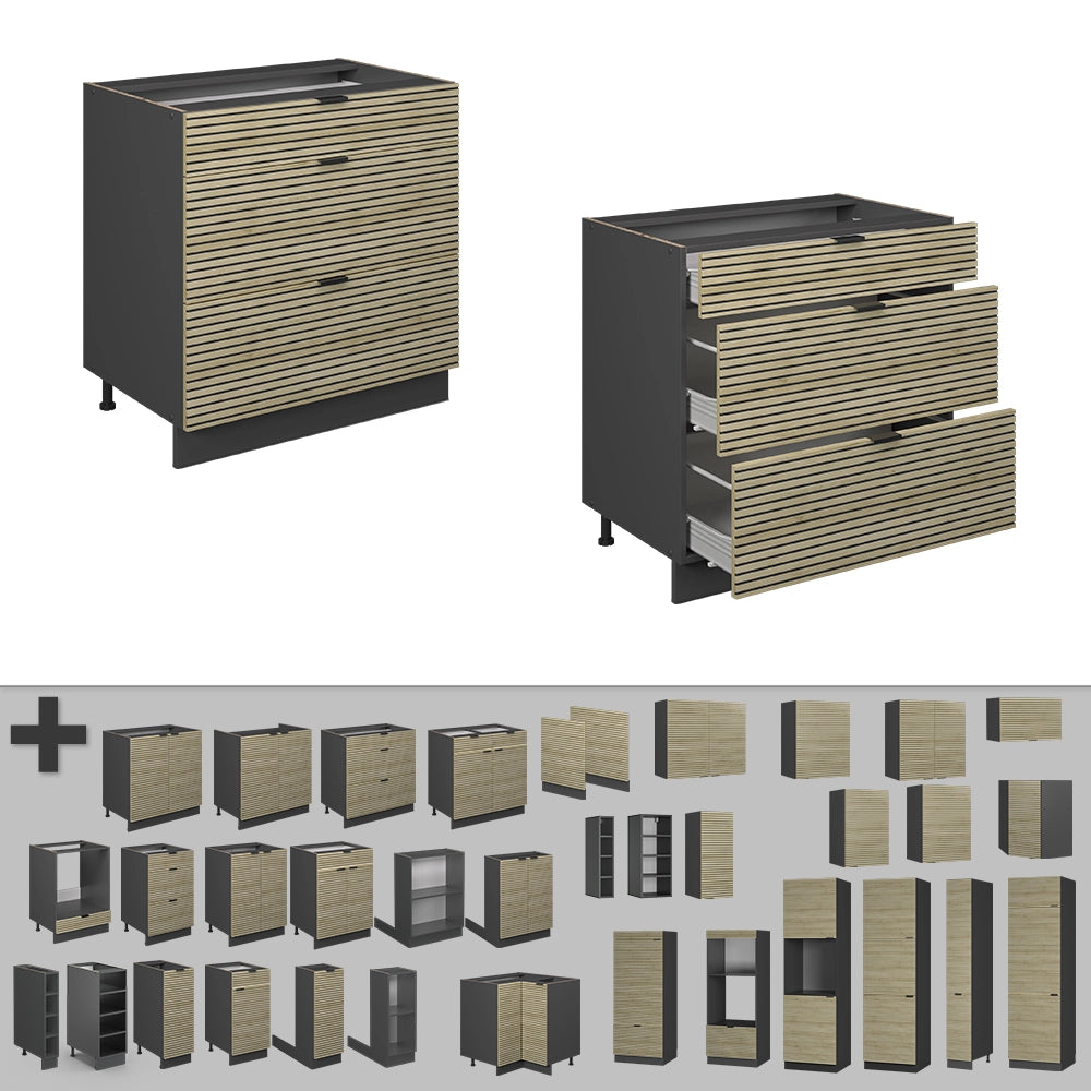 Mobiletto base per cucina Fame-Line Pannello in quercia/Antracite 80 cm con 3 cassetti, senza piano di lavoro Vicco