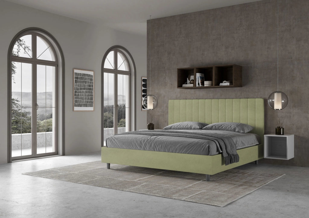 BS COM Letto matrimoniale king size con rete imbottito 200x210 microfibra tè verde