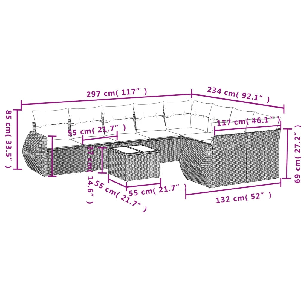 Set Divano da Giardino 10 pz con Cuscini Beige in Polyrattan
