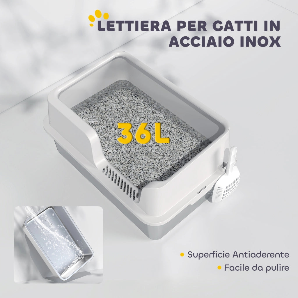 Lettiera per Gatti ¨C Zephmum ¨C Grigio Chiaro, Acciaio Inox e PP, 60x40x28 cm