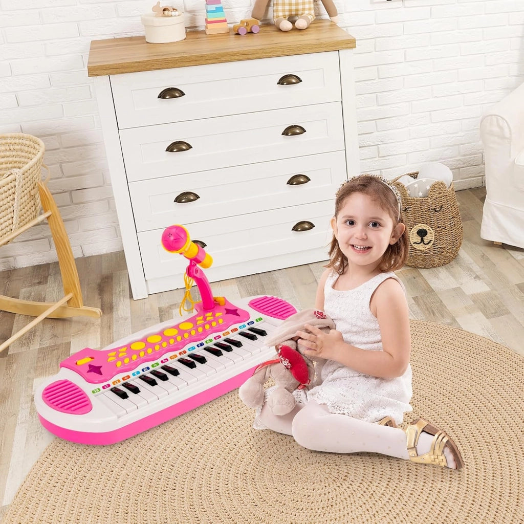 Pianola Bambini Musicale Tastiera, Tastiera Digitale a 31 Tasti, Mini Tastiera per Bambini con Effetti Luminosi e Microfono, Strumenti Musicali con Sgabello, 22 Battiti/8 Toni/7 Ritmi (Rosa)