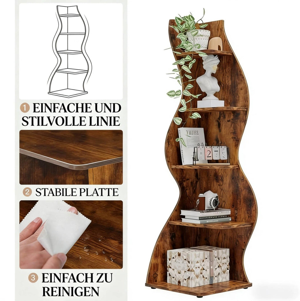 Scaffale ad angolo a 5 livelli per piante e libri, design salvaspazio per parete