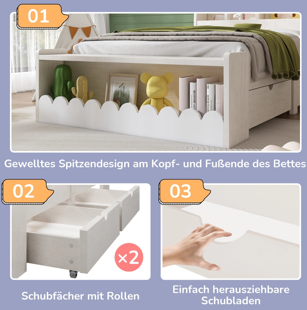 Letto singolo per bambini 90x200 cm con cassetti e ripiani
