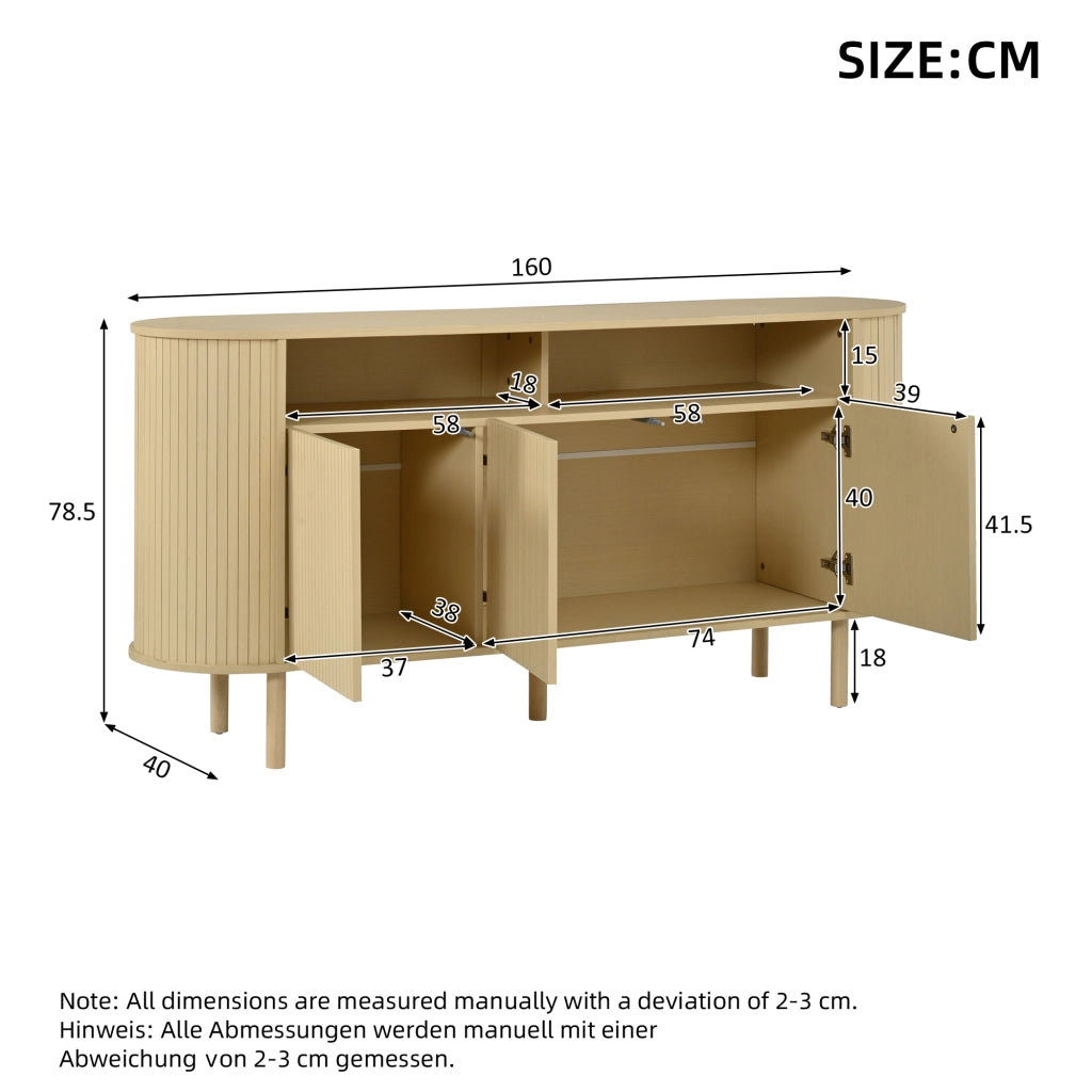 Credenza Sideboard 160 cm con 3 ante a onde, 2 vani aperti, struttura in truciolare e gambe in legno massello