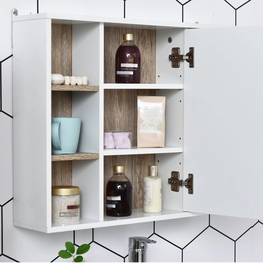 Specchio Armadietto da Bagno Pensile 60x14,5x49,4 cm in MDF e Truciolato Bianco e Legno Naturale