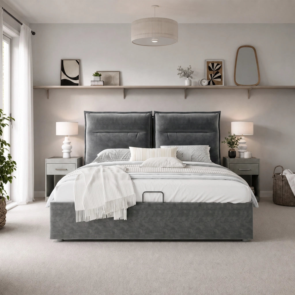 Letto matrimoniale imbottito 140x200 cm con contenitore, testiera regolabile, velluto grigio, senza materasso