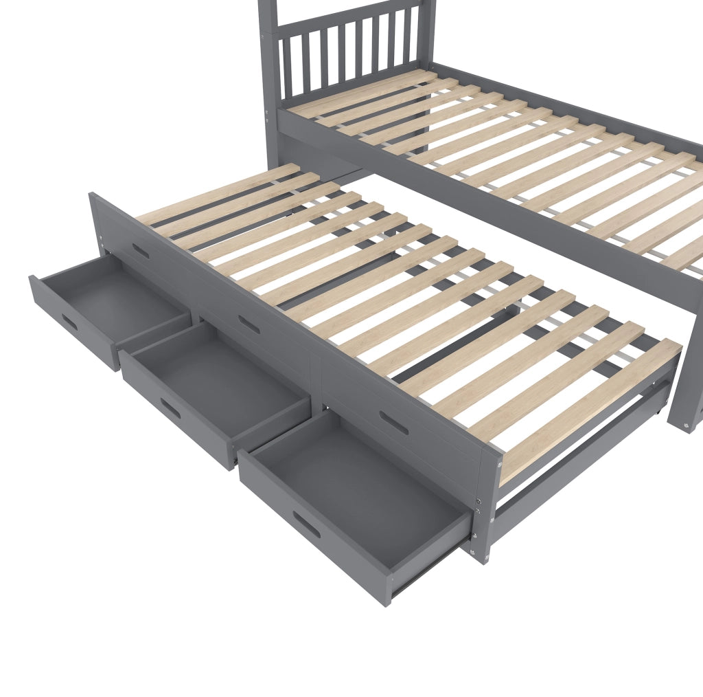 Letto a castello 90x200 cm con letto estraibile e 3 cassetti; pino e MDF; grigio