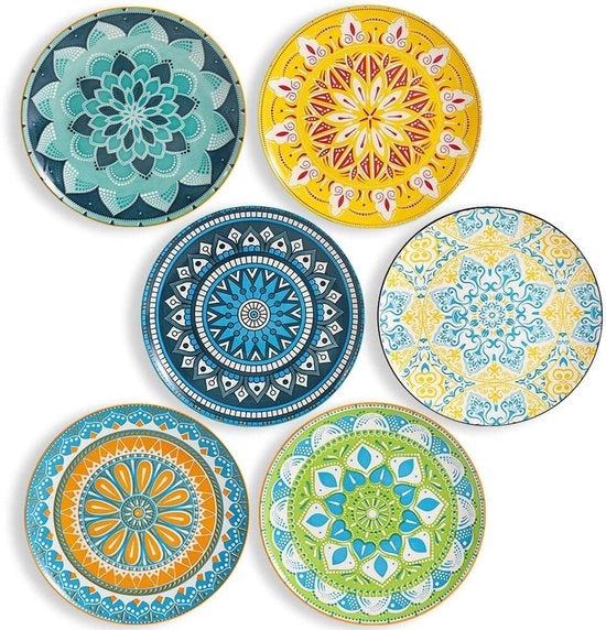 Set di Piatti da Tavola - 25,4 cm Piatti Porcellanati Rondi Grandi - Disegni Piani Colorati per Piatti da Cucina | Famiglia - Sicuri per Lavastoviglie | Microonde | Forno